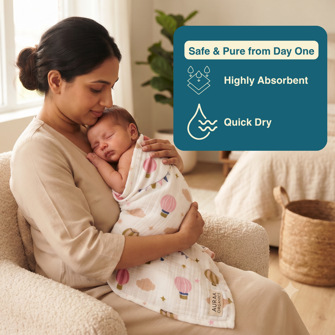Parachute & Honey Bee 100% Organic Muslin Baby Bath Towel (100 × 70 cm, Pack of 2)