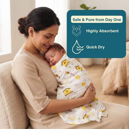 Parachute & Honey Bee 100% Organic Muslin Baby Bath Towel (100 × 70 cm, Pack of 2)