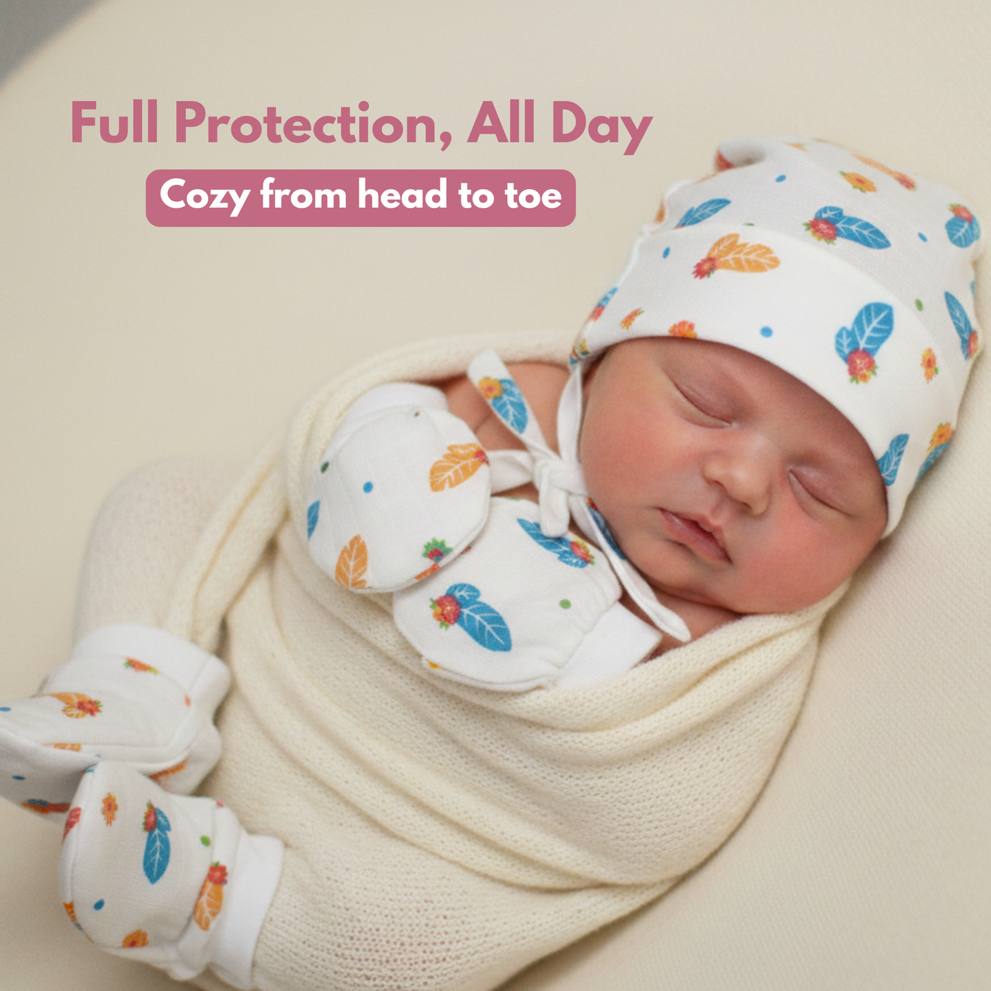 Newborn Muslin Cap, Mittens & Booties Set (colourful leaf Print, combo set)