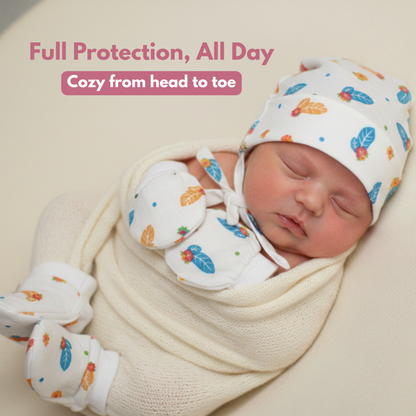 Newborn Muslin Cap, Mittens & Booties Set (colourful leaf Print, combo set)