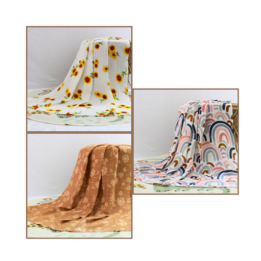 Premium Muslin Swaddle Combo – Set of 3 (Sunflower, Aesthetic Brown, Rainbow)