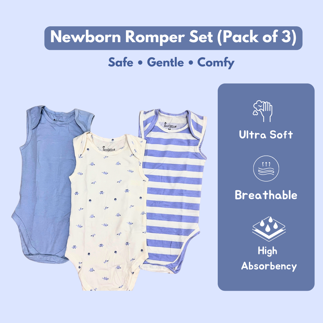 Newborn Premium Cotton Romper – Pack of 3 (Blue combo) for 0–3 Months