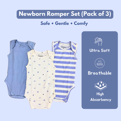 Newborn Premium Cotton Romper – Pack of 3 (Blue combo) for 0–3 Months
