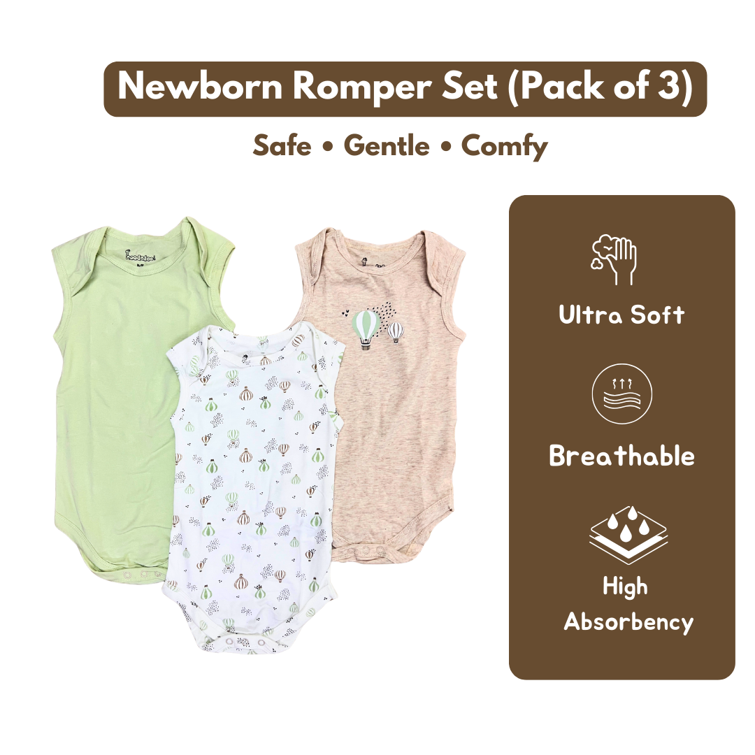 Newborn Premium Cotton Romper – Pack of 3 (Mint green combo) for 0–3 Months