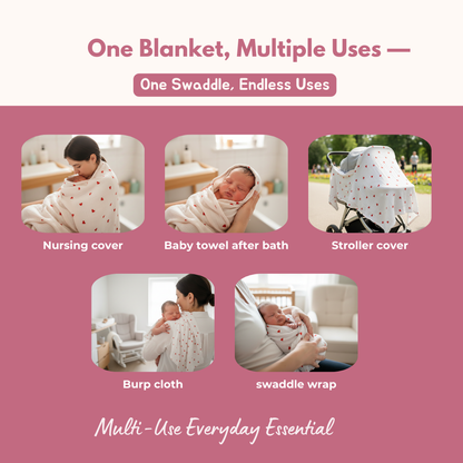 Muslin Swaddle Blanket for Newborn Baby (120 x 100 cm, Little heart , Pack of 1)
